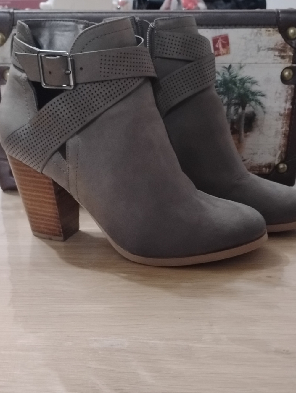 Women's Gray Cutout Ankle Booties with Buckle Strap